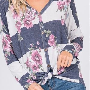 Charcoal Floral Button Up Tie Knot Front Top
